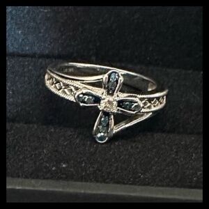 ‘SJD 925’ Blue Velvet & Colorless Diamond Cross Ring